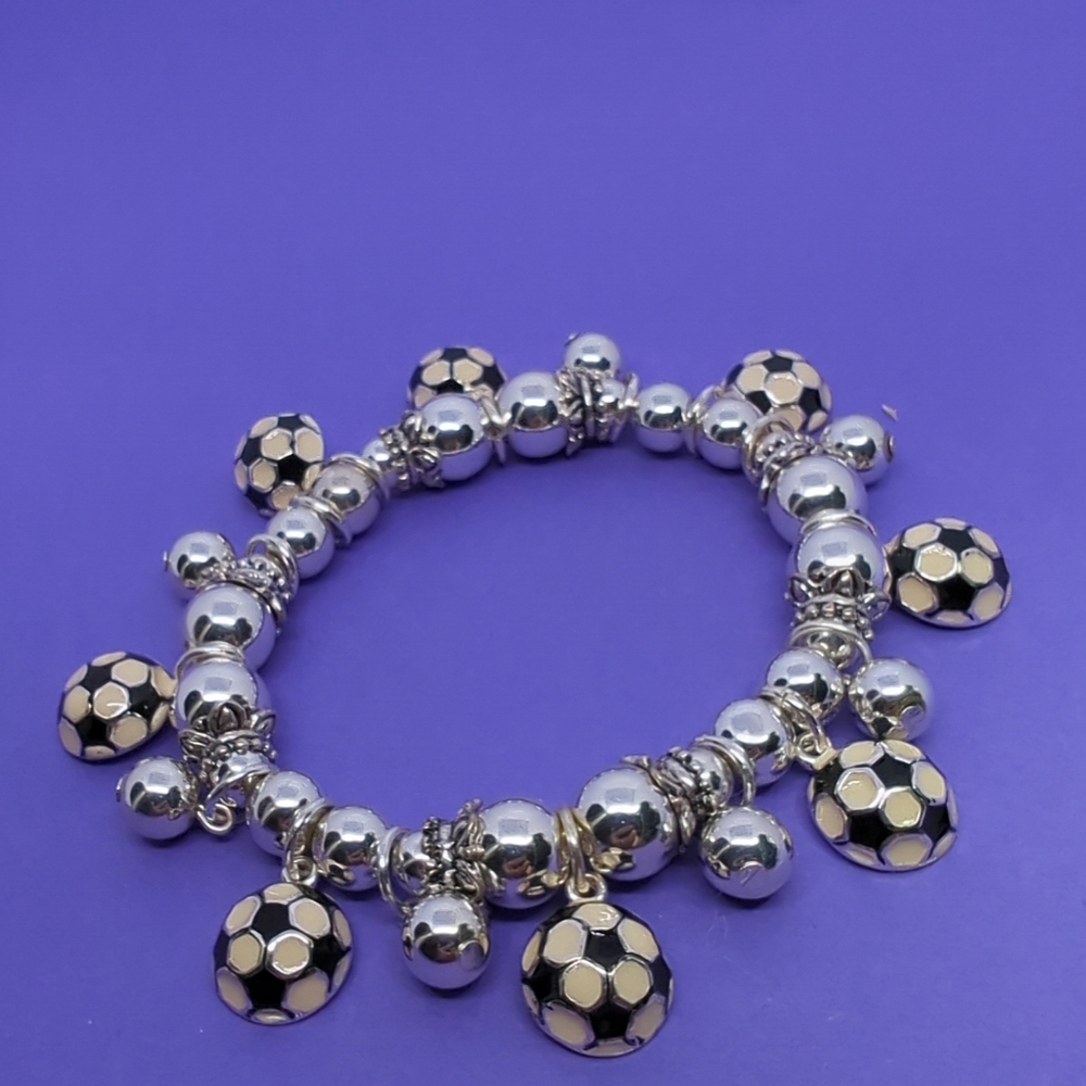 Soccer Balls Beaded Bracelet Black/White & Sterling Beads 8 Charms NWT Stretchy
